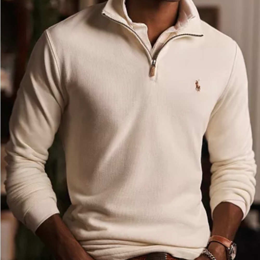 Polo Ralph Lauren Ribbed Cotton Quarter Zip Pullover. Color- Off White. Size M